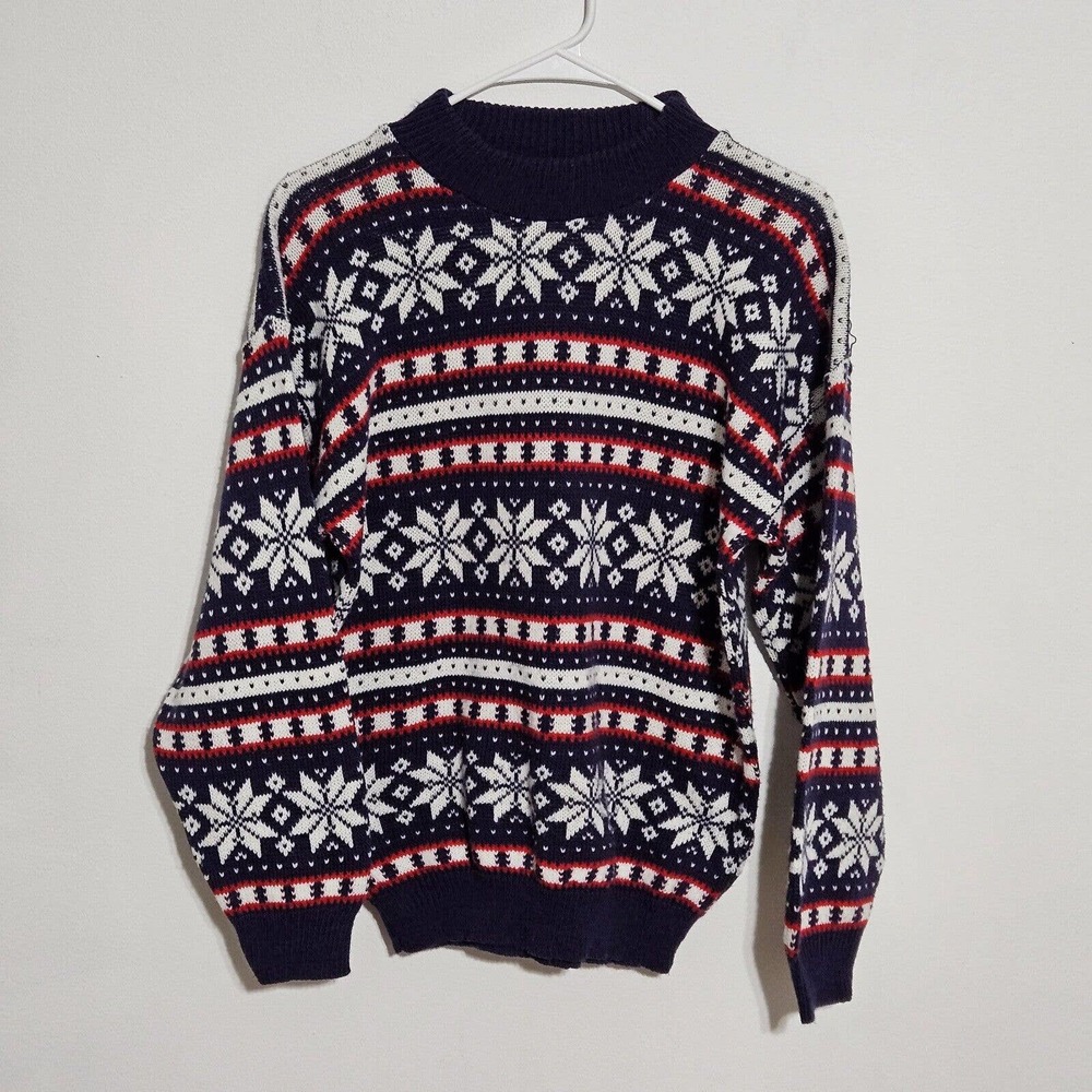 American Pride Sweater Womens Vintage Sz L Mock Neck Fair Isle Red White‎ Blue